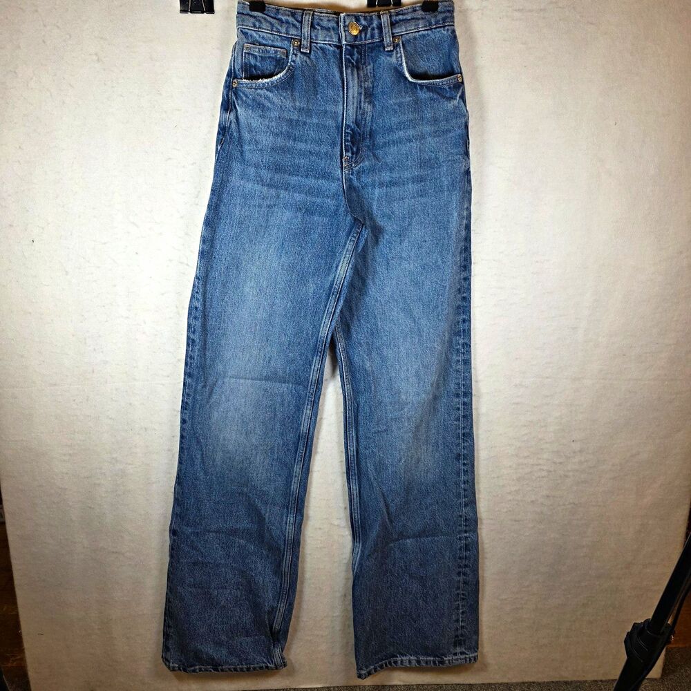 ZARA Blue Denim Jeans Wide-Leg Regular Fit 100% Cotton 5-Pocket Size 2 tall high